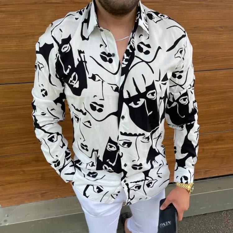 襯衫 男裝 歐美秋季休閒上衣 修身時尚長袖印花男士襯衣-細節圖3