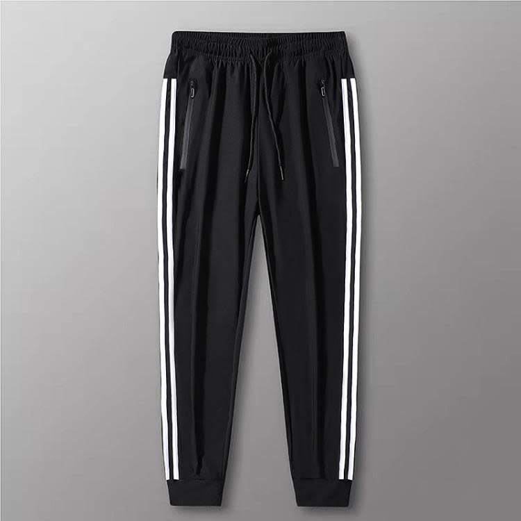 長褲 超涼爽！彈力冰絲速干休閒褲男夏季三條杠運動褲拉鍊口袋寬松-細節圖6