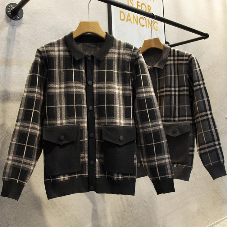 襯衫 毛衣外套男士格子冬季修身長袖條紋休閒正韓polo針織翻領上衣-細節圖2