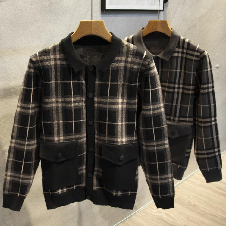 襯衫 毛衣外套男士格子冬季修身長袖條紋休閒正韓polo針織翻領上衣-細節圖3