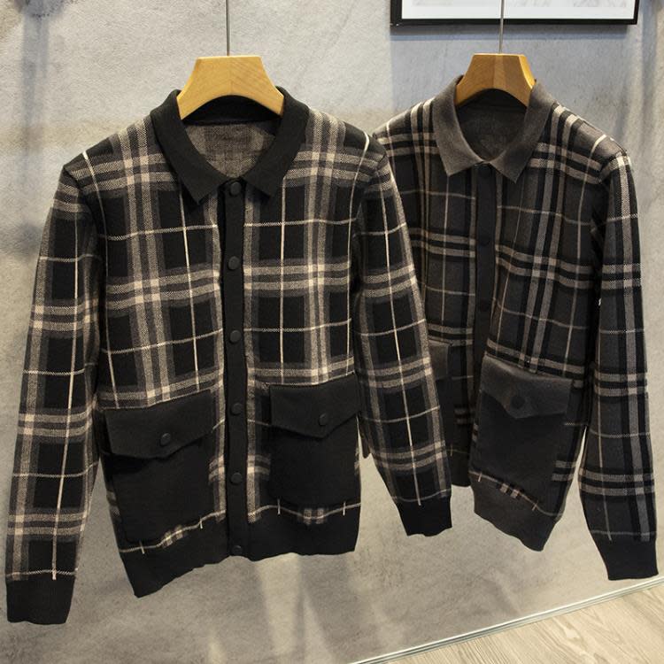 襯衫 毛衣外套男士格子冬季修身長袖條紋休閒正韓polo針織翻領上衣-細節圖4