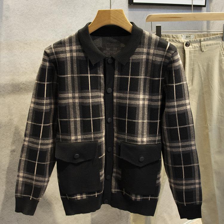 襯衫 毛衣外套男士格子冬季修身長袖條紋休閒正韓polo針織翻領上衣-細節圖6