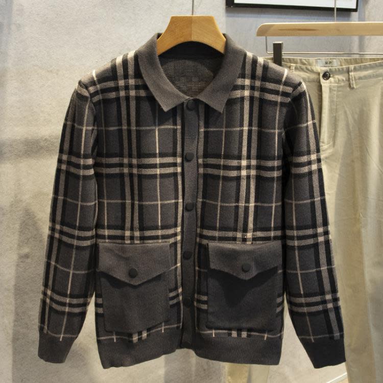 襯衫 毛衣外套男士格子冬季修身長袖條紋休閒正韓polo針織翻領上衣-細節圖7