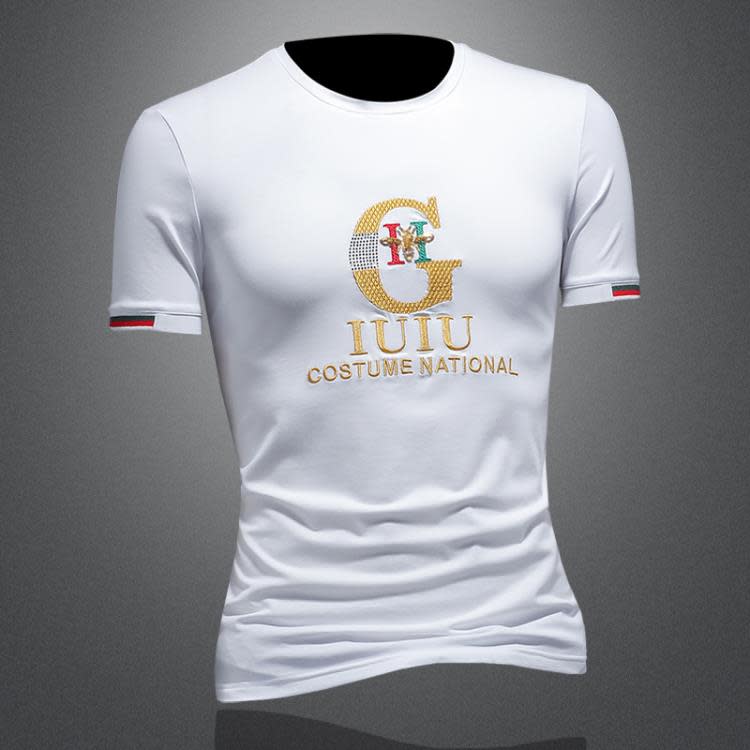 T恤 一件代髮2023夏季薄款絲光棉刺繡潮流修身透氣圓領新款男士-細節圖2