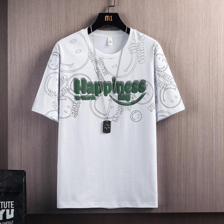 短袖T恤 2023夏季新款t恤男ins青少年純棉男士潮牌時尚五分袖t恤男-細節圖2