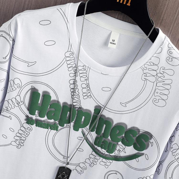 短袖T恤 2023夏季新款t恤男ins青少年純棉男士潮牌時尚五分袖t恤男-細節圖3