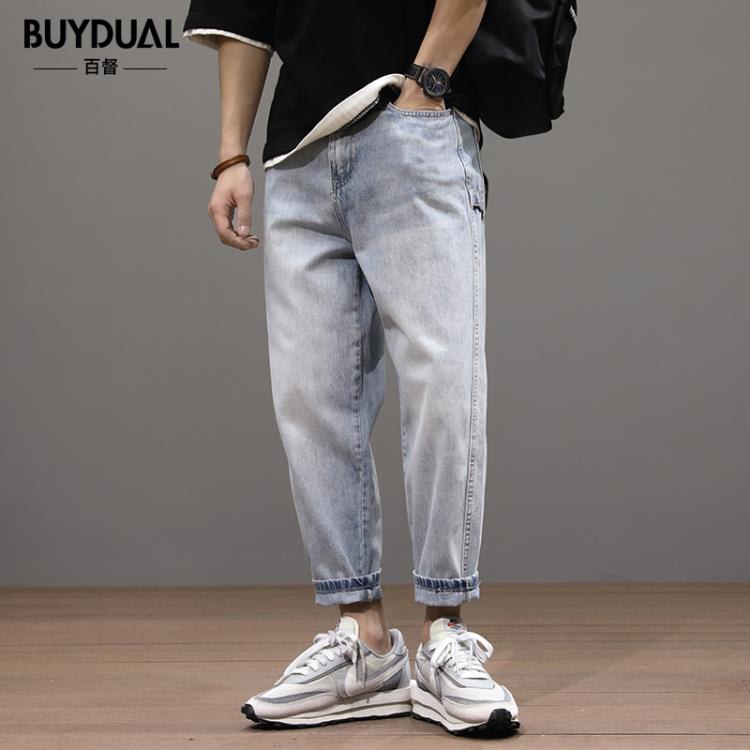 牛仔褲 春季九分男寬松大碼胖子潮牌哈倫褲潮流復古水洗做舊休閒褲-細節圖2