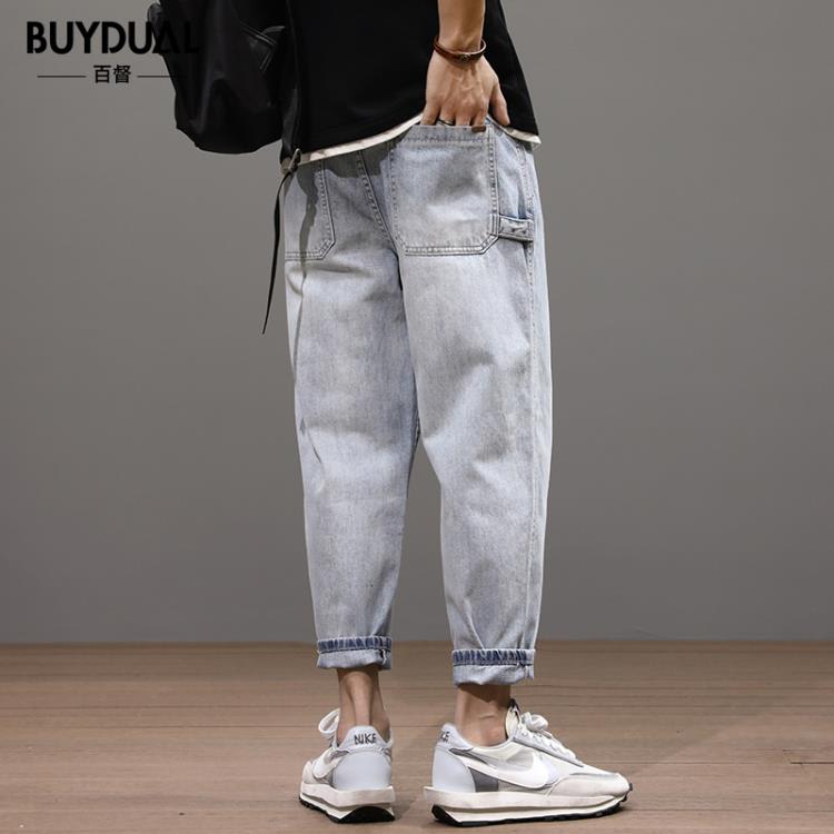 牛仔褲 春季九分男寬松大碼胖子潮牌哈倫褲潮流復古水洗做舊休閒褲-細節圖4