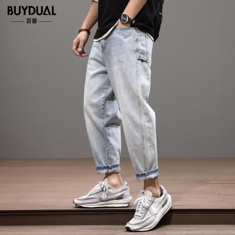 牛仔褲 春季九分男寬松大碼胖子潮牌哈倫褲潮流復古水洗做舊休閒褲-細節圖5