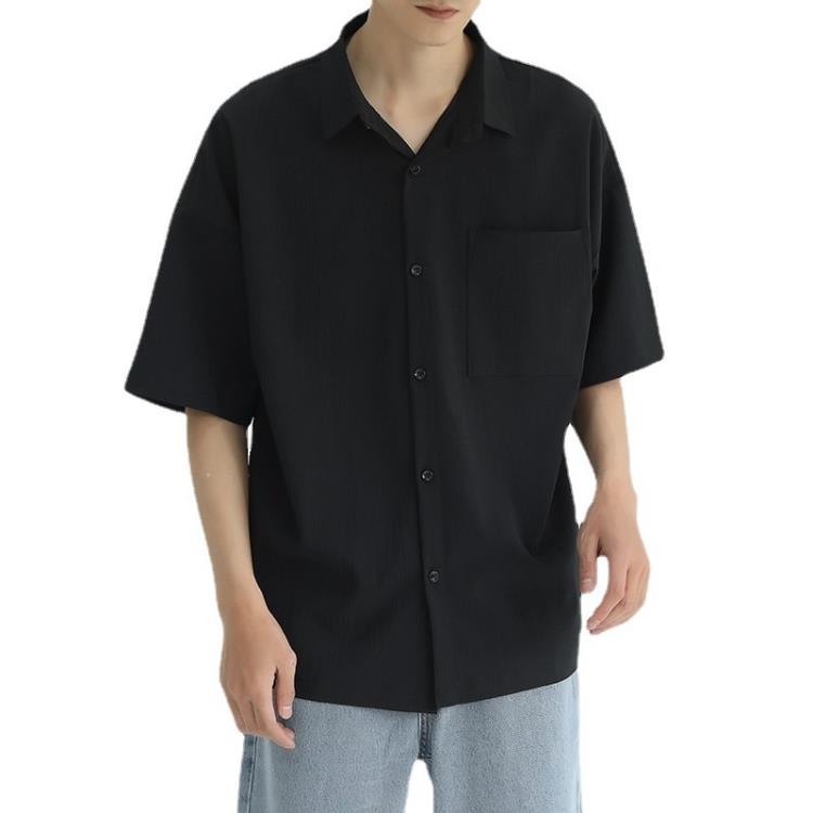 襯衫 夏季超薄襯衣純色男正韓潮流痞帥青年休閒百搭寬松半袖短袖潮-細節圖3