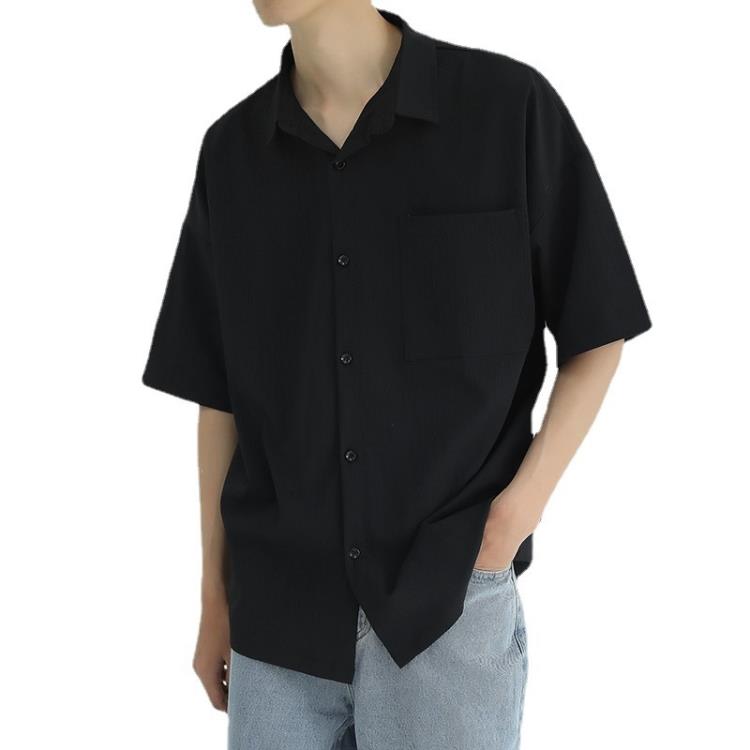 襯衫 夏季超薄襯衣純色男正韓潮流痞帥青年休閒百搭寬松半袖短袖潮-細節圖5