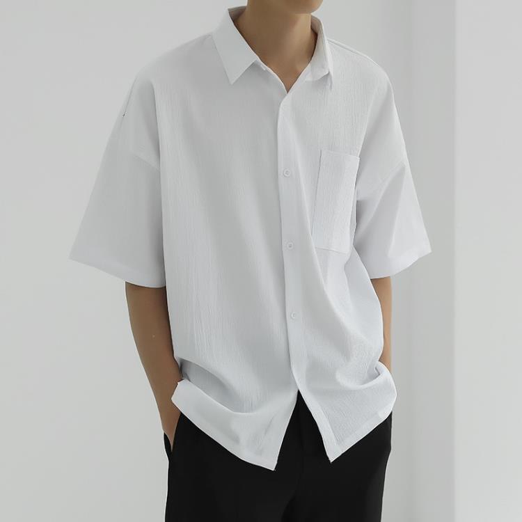 襯衫 夏季超薄襯衣純色男正韓潮流痞帥青年休閒百搭寬松半袖短袖潮-細節圖6