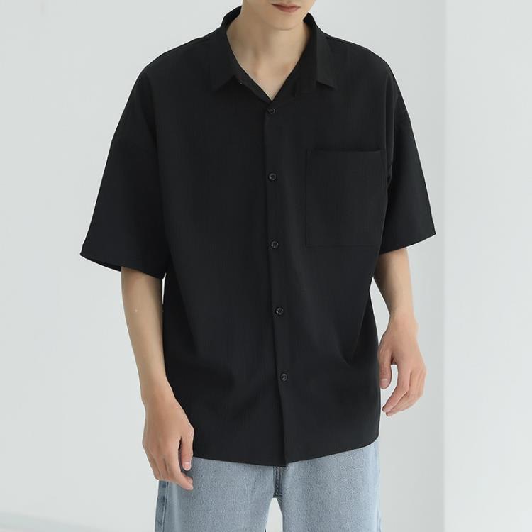 襯衫 夏季超薄襯衣純色男正韓潮流痞帥青年休閒百搭寬松半袖短袖潮-細節圖7