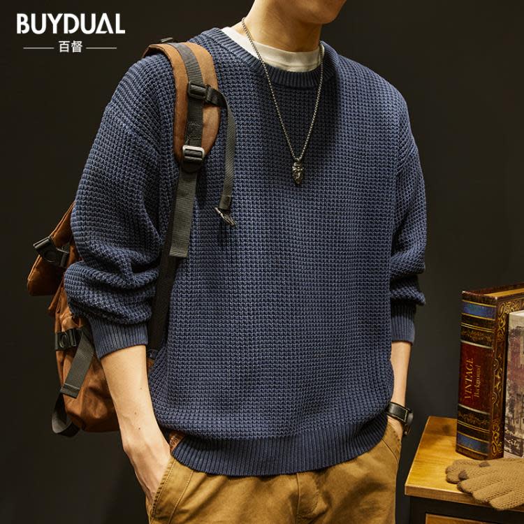 毛衣 潮牌重磅粗線男秋冬季美式復古純色打底針織衫男士大碼上衣服-細節圖2