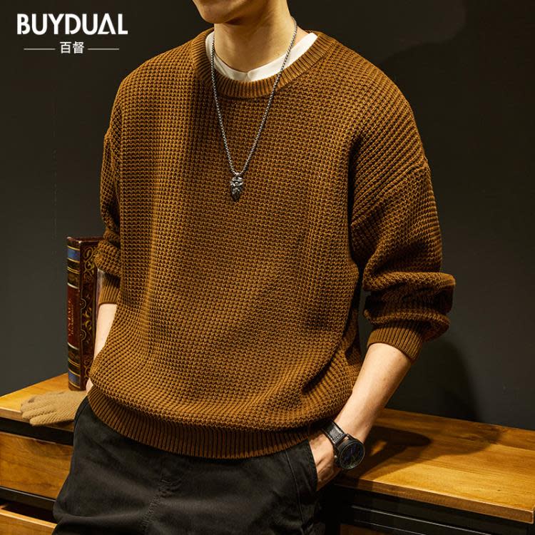 毛衣 潮牌重磅粗線男秋冬季美式復古純色打底針織衫男士大碼上衣服-細節圖3