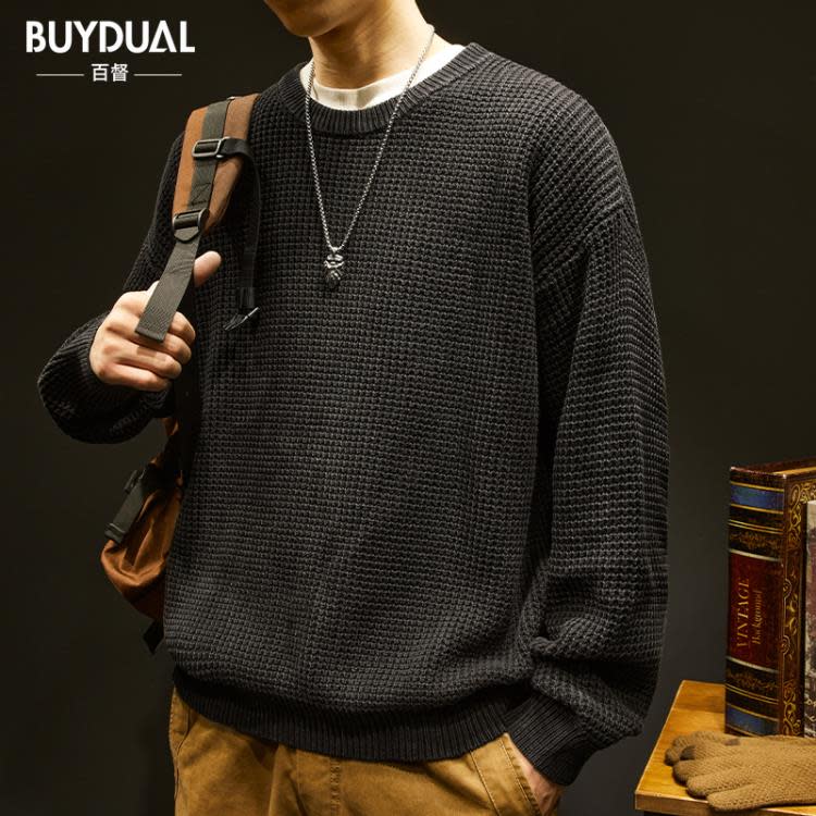 毛衣 潮牌重磅粗線男秋冬季美式復古純色打底針織衫男士大碼上衣服-細節圖4