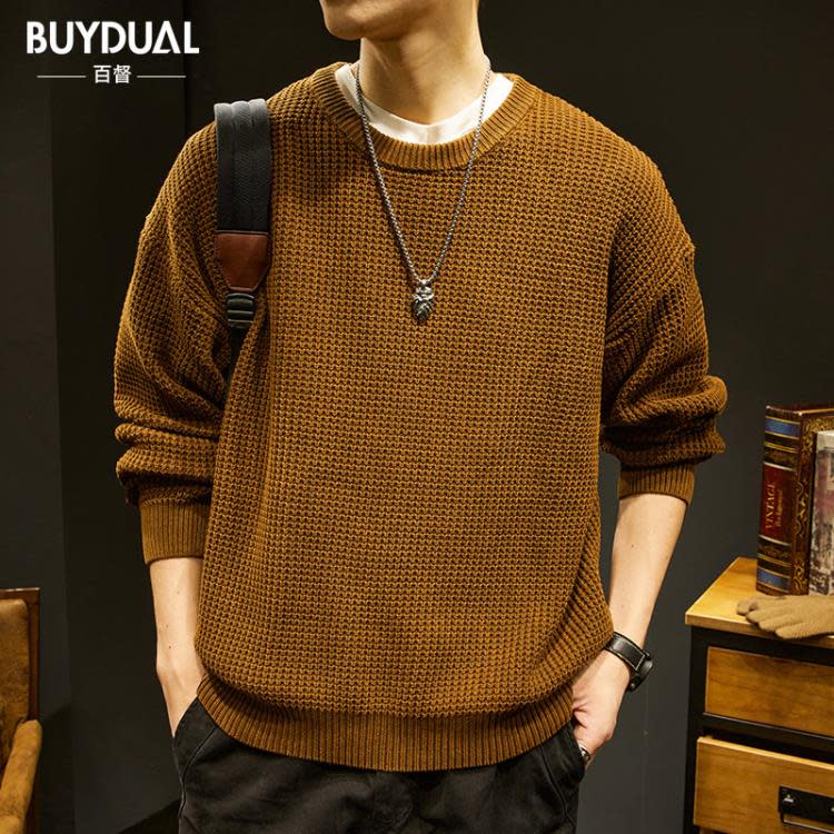 毛衣 潮牌重磅粗線男秋冬季美式復古純色打底針織衫男士大碼上衣服-細節圖5