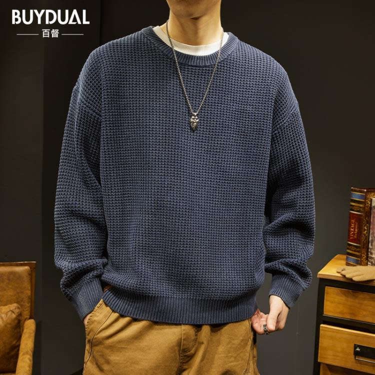 毛衣 潮牌重磅粗線男秋冬季美式復古純色打底針織衫男士大碼上衣服-細節圖6