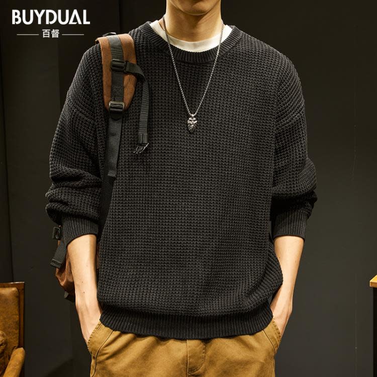 毛衣 潮牌重磅粗線男秋冬季美式復古純色打底針織衫男士大碼上衣服-細節圖7