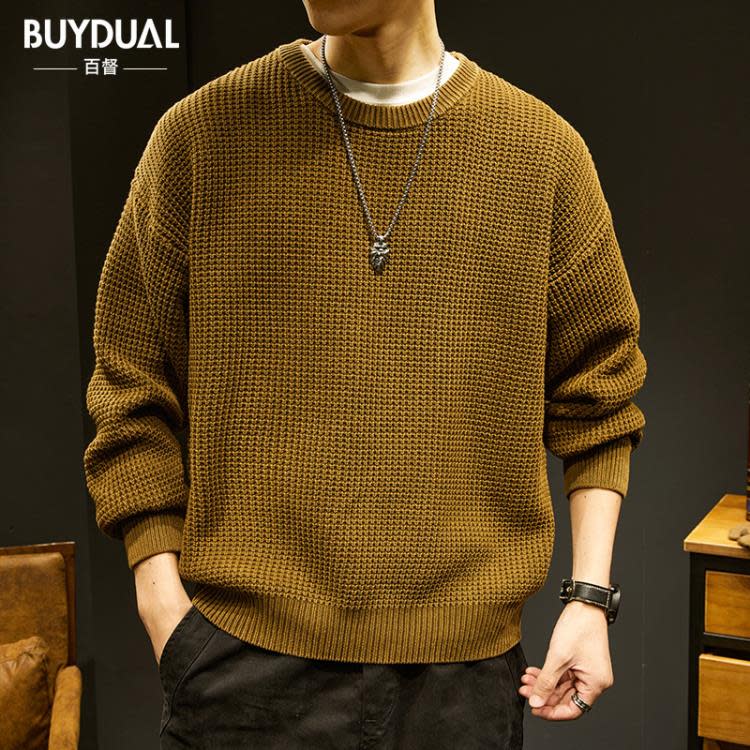 毛衣 潮牌重磅粗線男秋冬季美式復古純色打底針織衫男士大碼上衣服-細節圖8