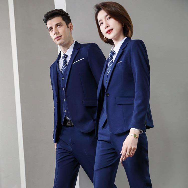 免燙高檔黑色男士西服套裝三件套修身商務正裝馬甲藍色外套西裝女-細節圖2