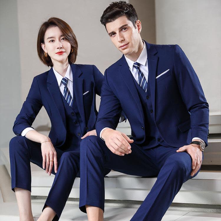 免燙高檔黑色男士西服套裝三件套修身商務正裝馬甲藍色外套西裝女-細節圖4