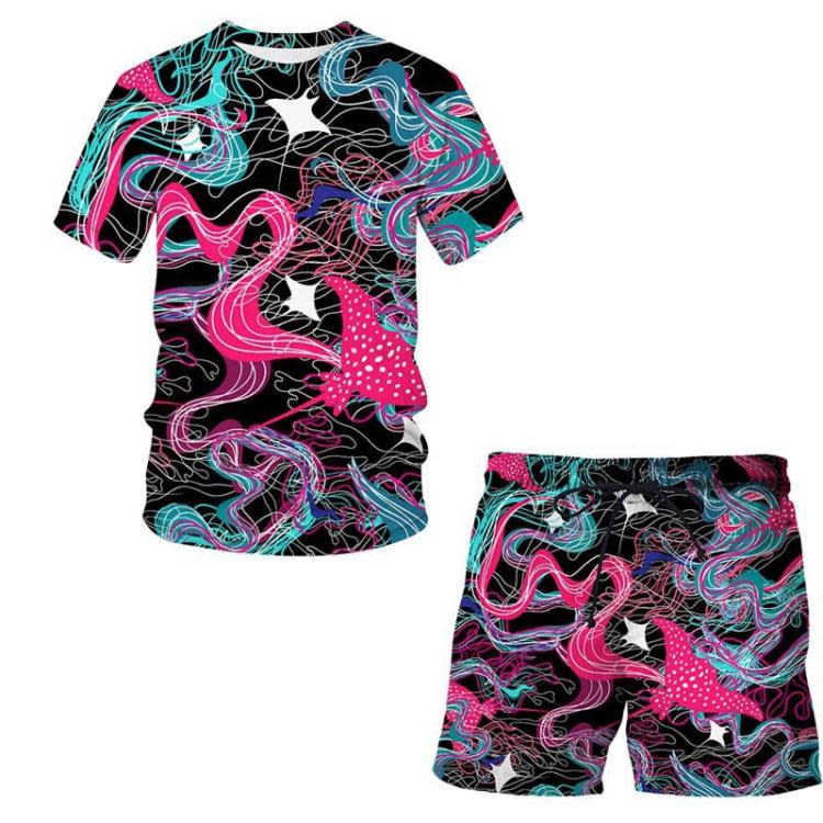 短袖T恤 歐美爆款 2023夏季炫彩珊瑚3D印花套裝青少年休閒短褲套裝-細節圖2