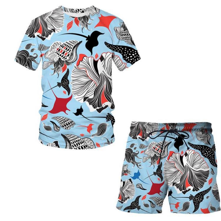短袖T恤 歐美爆款 2023夏季炫彩珊瑚3D印花套裝青少年休閒短褲套裝-細節圖3