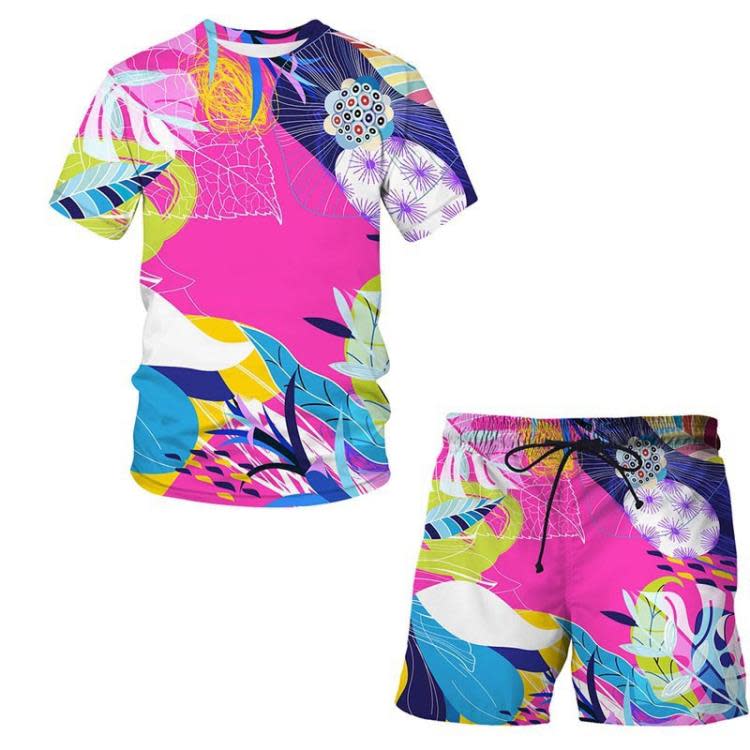 短袖T恤 歐美爆款 2023夏季炫彩珊瑚3D印花套裝青少年休閒短褲套裝-細節圖6