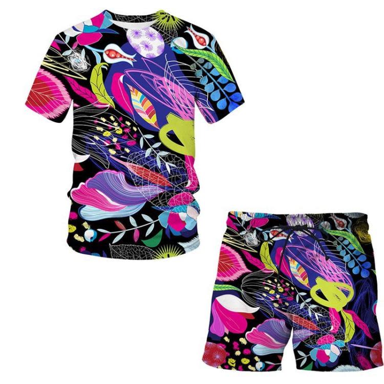短袖T恤 歐美爆款 2023夏季炫彩珊瑚3D印花套裝青少年休閒短褲套裝-細節圖7