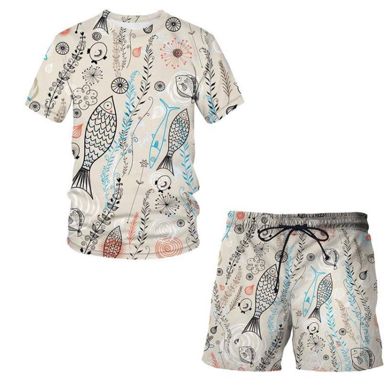 短袖T恤 歐美爆款 2023夏季炫彩珊瑚3D印花套裝青少年休閒短褲套裝-細節圖9