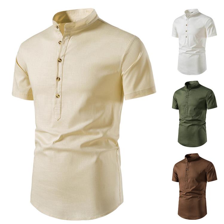 襯衫 2023夏新款男士純色立領瑜伽短袖大碼時尚休閒襯衣-細節圖3