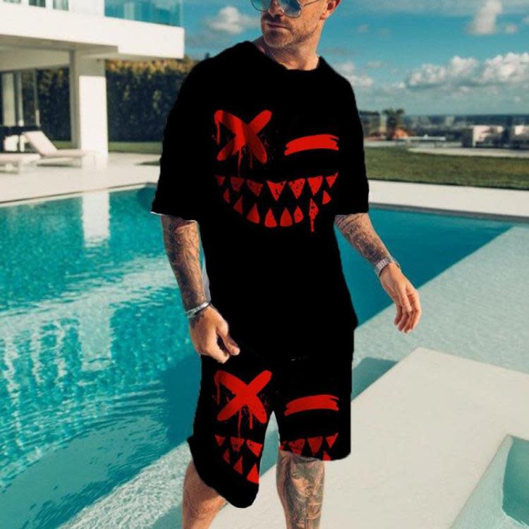 2023 歐美新款男士T恤笑臉圖案3D印花圓領短袖街頭潮流短褲二套裝-細節圖6