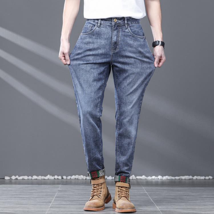 牛仔褲 男式春季新款直筒褲彈力男士休閒褲純色復古帥氣男裝長褲潮-細節圖2