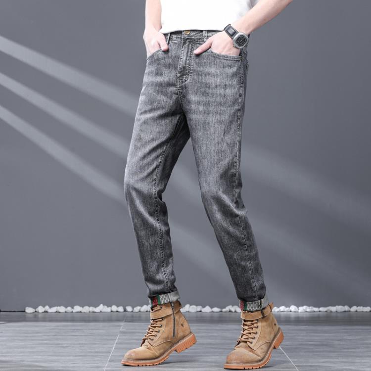 牛仔褲 男式春季新款直筒褲彈力男士休閒褲純色復古帥氣男裝長褲潮-細節圖3
