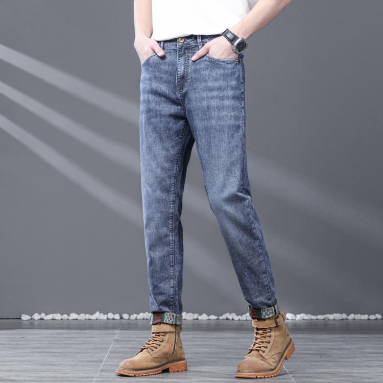 牛仔褲 男式春季新款直筒褲彈力男士休閒褲純色復古帥氣男裝長褲潮-細節圖7