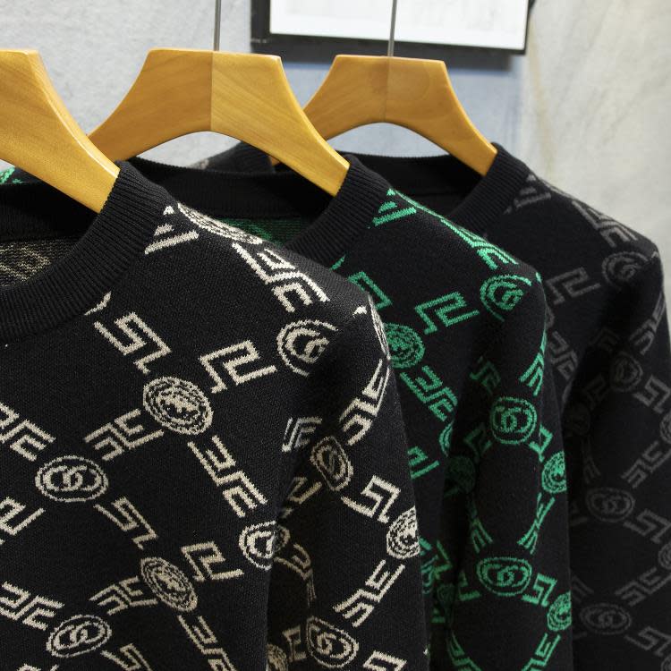 毛衣 秋冬季個性男士圓領針織衫重磅條紋潮長袖印花T體恤上裝外套-細節圖2