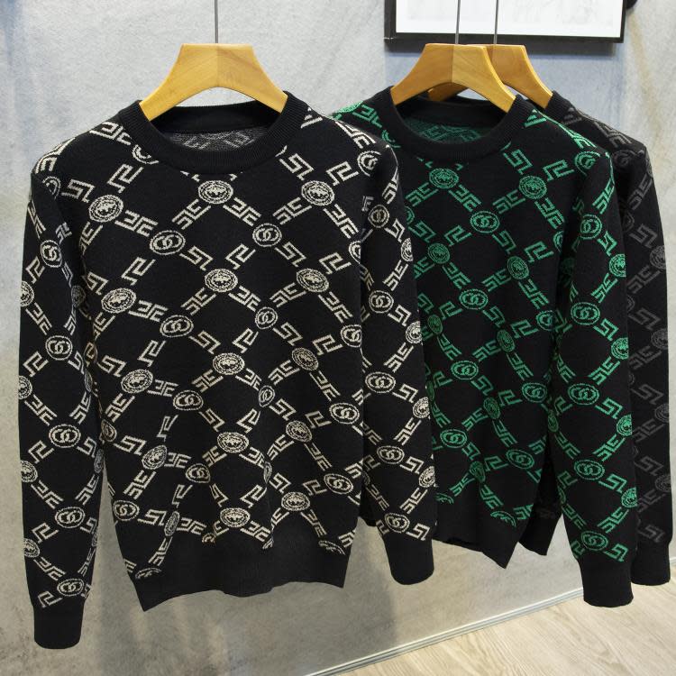 毛衣 秋冬季個性男士圓領針織衫重磅條紋潮長袖印花T體恤上裝外套-細節圖3