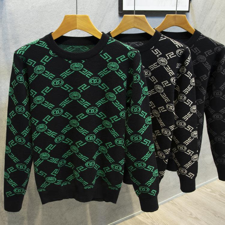 毛衣 秋冬季個性男士圓領針織衫重磅條紋潮長袖印花T體恤上裝外套-細節圖4