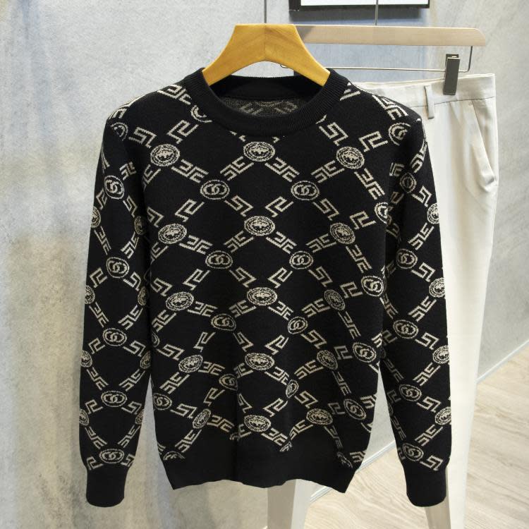 毛衣 秋冬季個性男士圓領針織衫重磅條紋潮長袖印花T體恤上裝外套-細節圖5