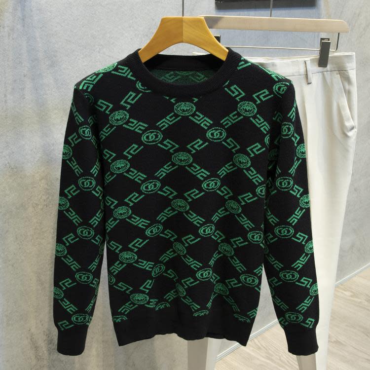 毛衣 秋冬季個性男士圓領針織衫重磅條紋潮長袖印花T體恤上裝外套-細節圖6