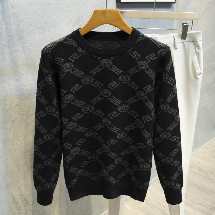 毛衣 秋冬季個性男士圓領針織衫重磅條紋潮長袖印花T體恤上裝外套-細節圖7