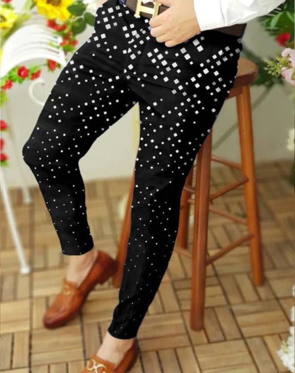 長褲 新款2023春季休閒男式休閒褲幾何圖案印花時尚都市錐中腰褲-細節圖8