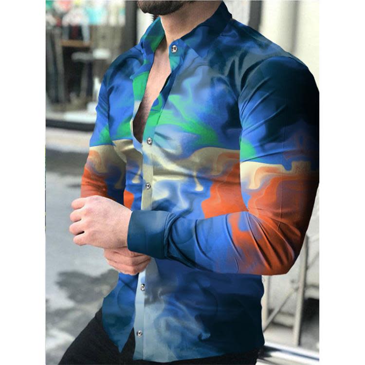 襯衫 2023Wish 爆款翻領3D印花休閒修身型長袖多色男-細節圖9