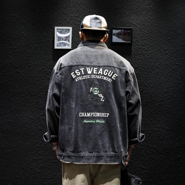 牛仔外套 繡標黑色外套男春秋寬松潮牌大碼上衣春季潮流刺繡美式衣-細節圖2