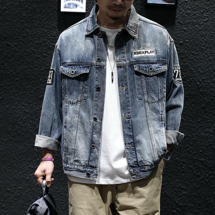 牛仔外套 繡標黑色外套男春秋寬松潮牌大碼上衣春季潮流刺繡美式衣-細節圖3