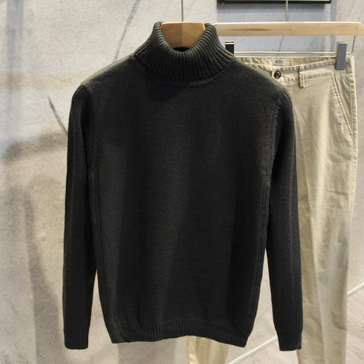 長袖T恤 冬季保暖高領毛衣加厚粗針織衫男士體t恤純色修身潮大碼男裝-細節圖7