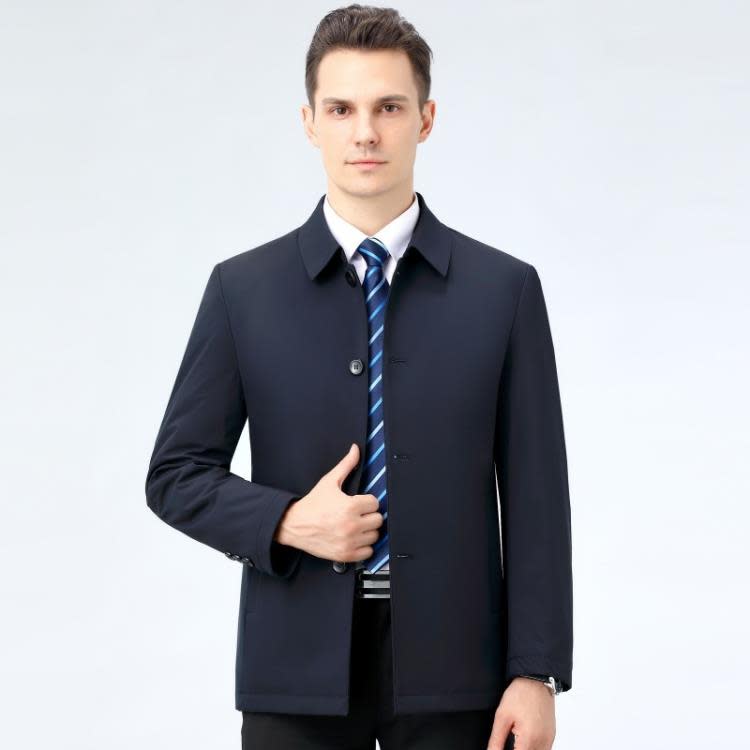 品牌秋冬新款中年男士羽絨服短款純色加厚保暖爸爸裝翻領夾克外套-細節圖2