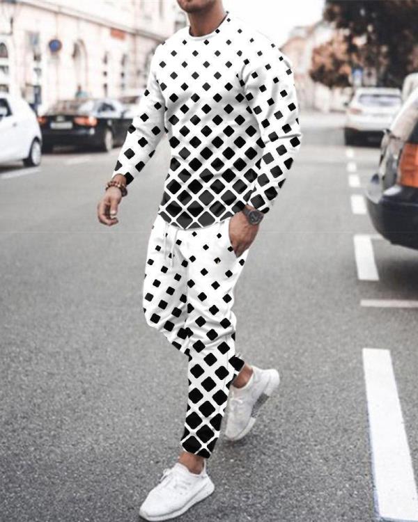 長褲 新款手繪線條滿鋪3D印花薄款衛衣 寬松套頭運動衫二件套-細節圖3