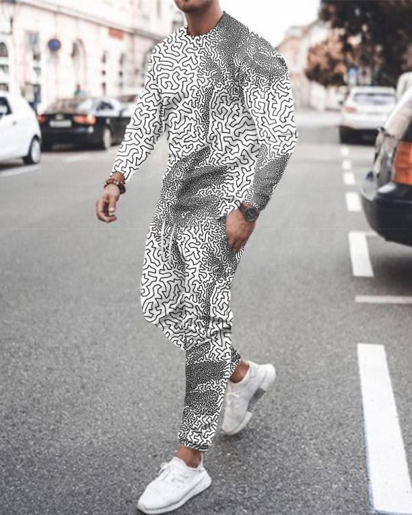 長褲 新款手繪線條滿鋪3D印花薄款衛衣 寬松套頭運動衫二件套-細節圖6